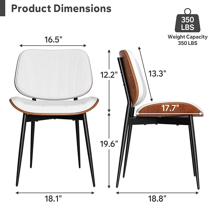 Dining Chair, Mid Century Modern Dining Room Chairs, Upholstered Faux Leather Kitchen Chairs with Walnut Bentwood Back and Metal Legs for Kitchen Dining Room Living Room, White