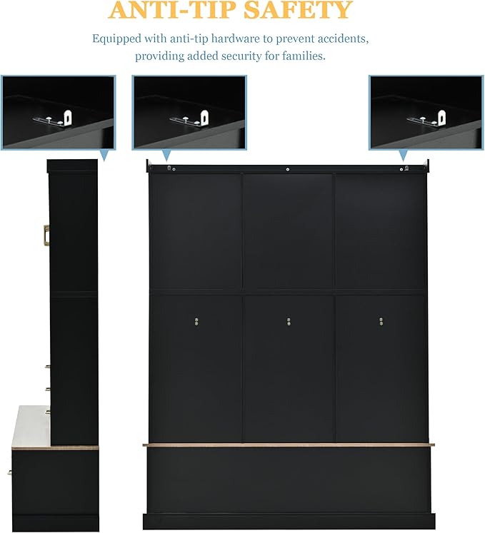 Merax 5-in-1 Hall Tree with Bench and Storage, Modern with Coat Rack, 6 Drawers, 3 Cabinets and 3-Tier Top Storage for Hallway, Entryway, Living Room, Black