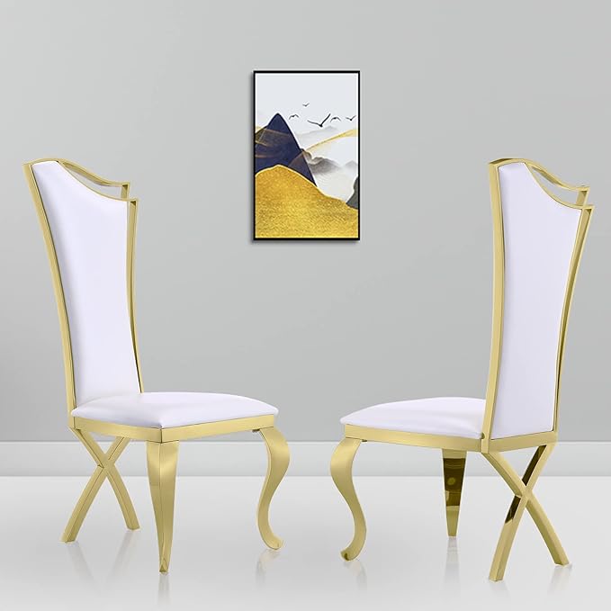 White and Gold Dining Chairs Set of 2, White Leather Dining Room Chair with Gold Polished Metal Legs, Glam Upholstered Kitchen Chairs for Dining Room, Kitchen, Living Room