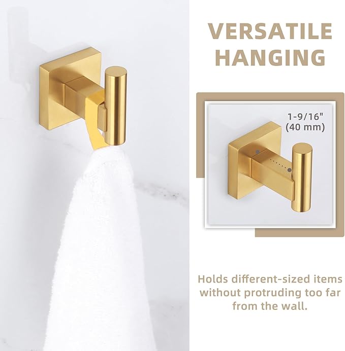 Suyar Brushed Gold Towel Hook, SUS 304 Stainless Steel Coat Robe Hook, Bathroom Towel Holder for Wall