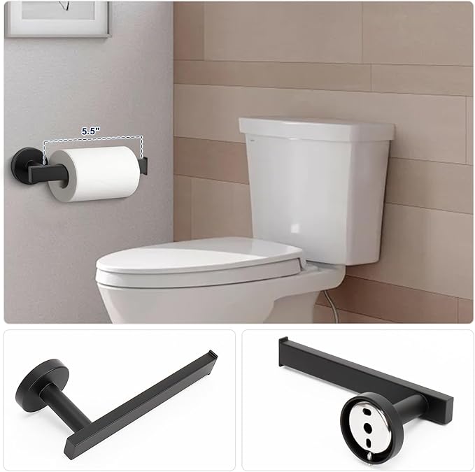 NearMoon 5 Pieces Bathroom Hardware Set 304 Stainless Steel, Square Towel Rack Kit - 24" Towel Rod + Towel Ring + Toilet Paper Holder + 2 Robe Hooks, Wall Mounted Bath Accessories (Matte Black)