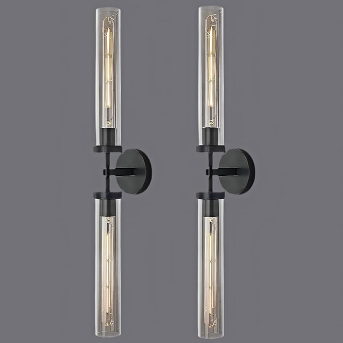 Brass Wall Sconces, 30in Black 2-Light Double Glass Sconces Wall Lighting, Bathroom Knurled Vanity Light Sconces, Wall Lights for Living Room Bedroom（Including Bulb）