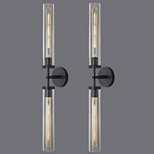 Brass Wall Sconces, 30in Black 2-Light Double Glass Sconces Wall Lighting, Bathroom Knurled Vanity Light Sconces, Wall Lights for Living Room Bedroom（Including Bulb）