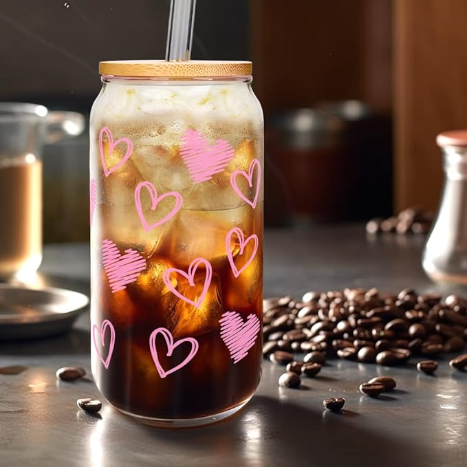 Mason Life Iced Coffee Cups, Valentines Cups Gifts for Her Women 18 OZ Hearts Cup Beer Glass, Love Can Couple Drinking Glasses, Glass Cups with Bamboo Lids and Straws, Valentines Day Gifts - 2 Sets
