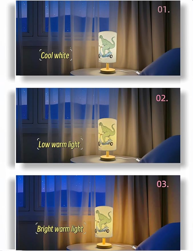 Dinosaur Lamp, Dinosaur Decor Boys Room, 3 Color Night Light Wood Nightstand Desk Base Flaxen Fabric Shade for Bedroom Living Room, Dino Lovers Gifts, LED Bulb Included (Blue Dinosaur)