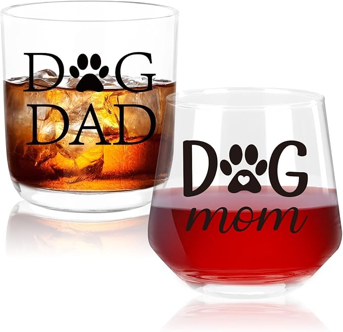 Ithmahco Dog Parent Christmas Gifts, Dog Mom Wine Glass And Dog Dad Whiskey Glass Set For Dog Lovers, Couples Gift For Dog Owners, Dog Mom Gifts For Women, Dog Dad Gifts For Men