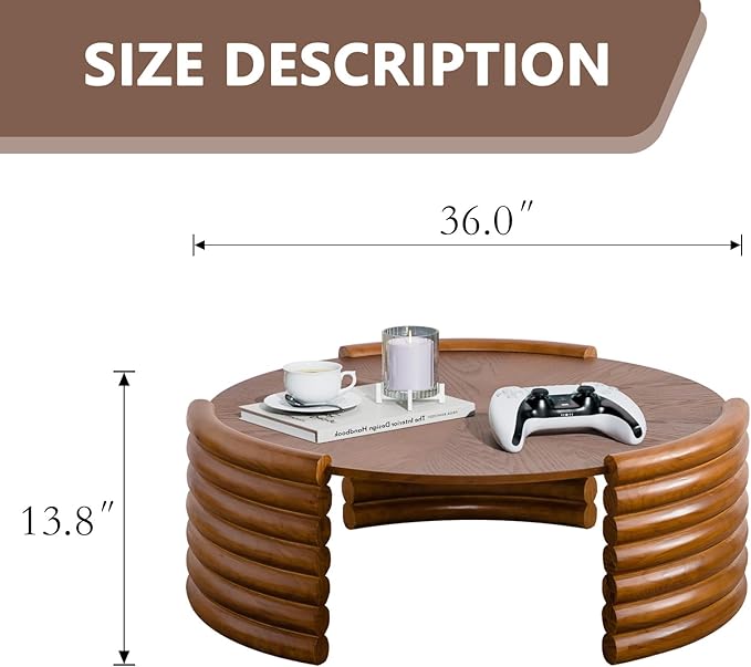 36" Round Coffee Table for Living Room Mid Century Modern Vintage Circle Coffee Table Center Tables Fluted Accent Tea Tables for Apartment Living Room