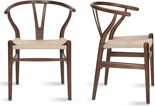 Tomile Wishbone Chair Y Chair, Wooden Dining Chairs Set of 2, Mid Century Modern Chairs with Arms, Solid Wood Weave Seat Kitchen & Dining Room Chairs (Ash Wood - Walnut Color)