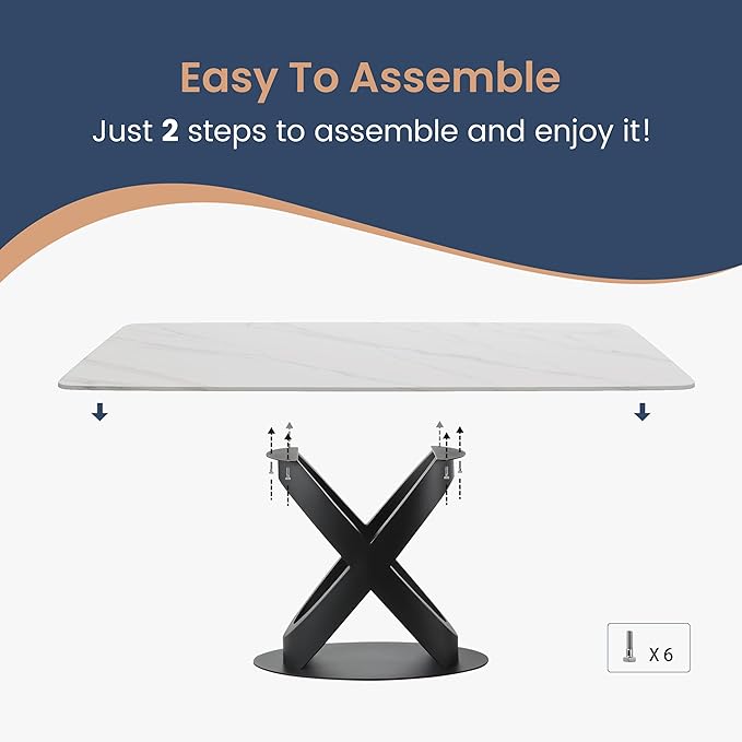POVISON 63" Modern Dining Table for 4-6 People, Matte White Dining Room Table, Sintered Stone Dinner Tabletop with X-Shape Carbon Steel Pedestal, Rectangle Table for Kitchen Living Room(Table Only)