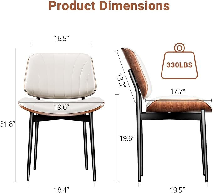 Dining Chairs Set of 8, Dining Room and Kitchen Chairs, Mid Century Modern Accent Chair, Upholstered PU Leather Chairs for Vanity with Walnut Bentwood and Metal Legs, Beige