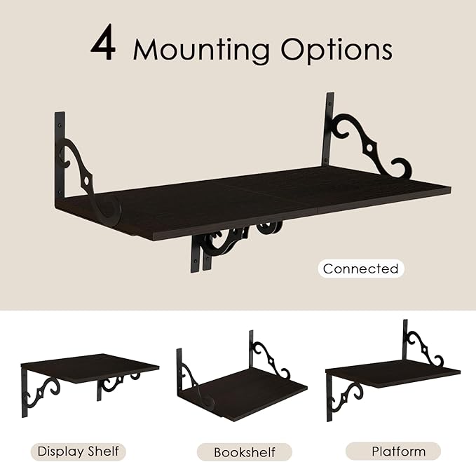 DINZI LVJ Deep Floating Shelves, 16" W x 12" D Wall Shelves Set of 2, Wide Display Shelf Wall Mounted with Brackets, Easy-to-Install Bookshelf for Living Room, Bathroom, Bedroom, Espresso