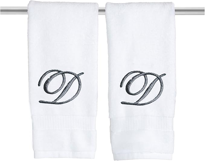 White Monogrammed Hand Towels for Bathroom - Luxury Hotel Quality Personalized Initial Embroidered Towel for Powder Room, Spa - GOTS Organic Certified - Set of 2 Dark Gray Letter D