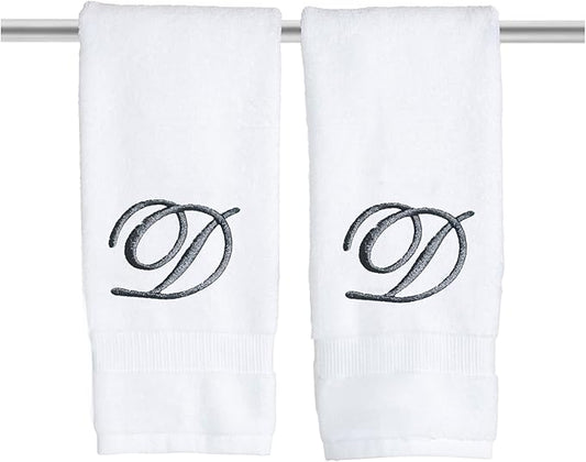 White Monogrammed Hand Towels for Bathroom - Luxury Hotel Quality Personalized Initial Embroidered Towel for Powder Room, Spa - GOTS Organic Certified - Set of 2 Dark Gray Letter D