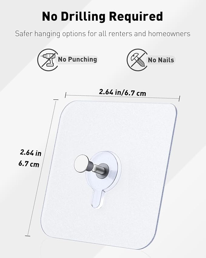 Uniclife 10 Pcs Self Adhesive Picture Hooks 40 lbs Load 2.64" Heavy Duty Picture Hangers Without Nails Adhesive Wall Hooks for Hanging Transparent Waterproof Frame Hangers Sticky Hooks for Bathroom