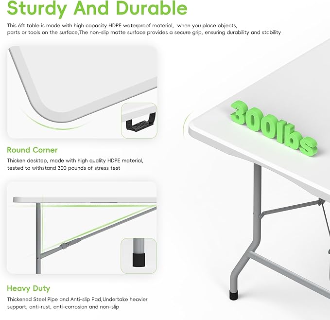 HLPB Folding Table - 2 Pcs, 6 ft Portable Camping Table with Handle and Safety Locks, Foldable Plastic Dining Table for Indoor/Outdoor Use, Perfect for Picnics and Parties