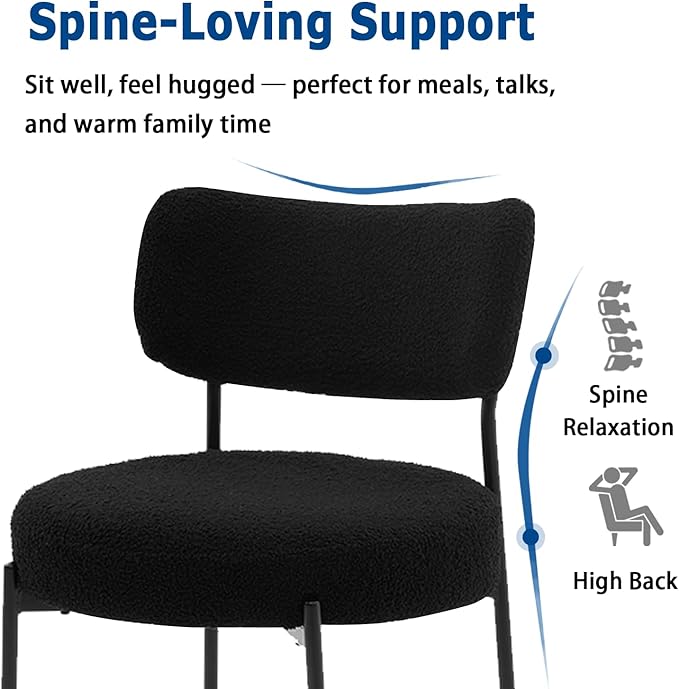 Black Boucle Dining Chairs Set of 8, Upholstered Dinner Chair with Metal Frame, Dining Room Chairs with Padded Seat, Round Modern Seating for Living Room