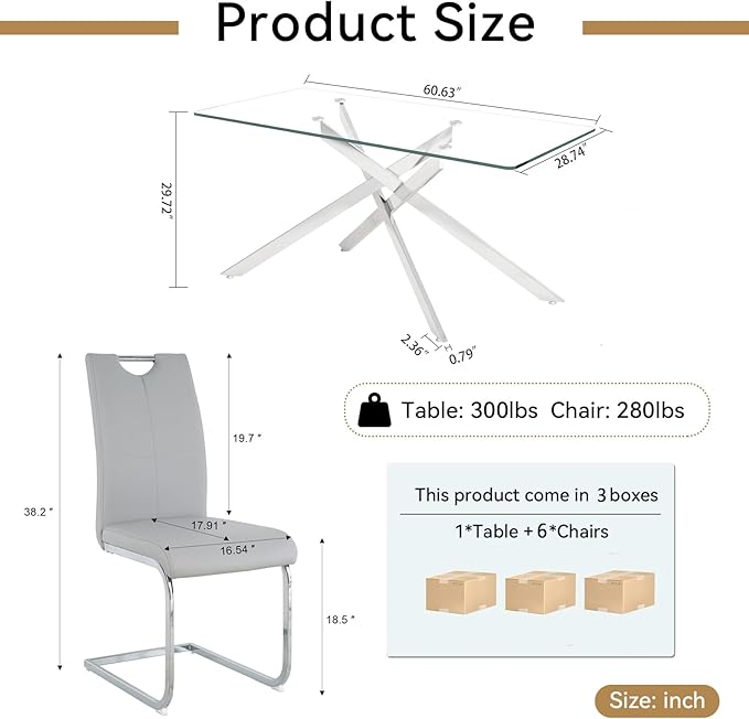 Modern Glass Dining Table Set for 6, Silver Glass Kitchen Table and Chairs Set of 6, 7 Piece Dining Room Table Set with 61" Rectangular Metal Glass Dinner Table and 6 Grey Leather Dining Chairs