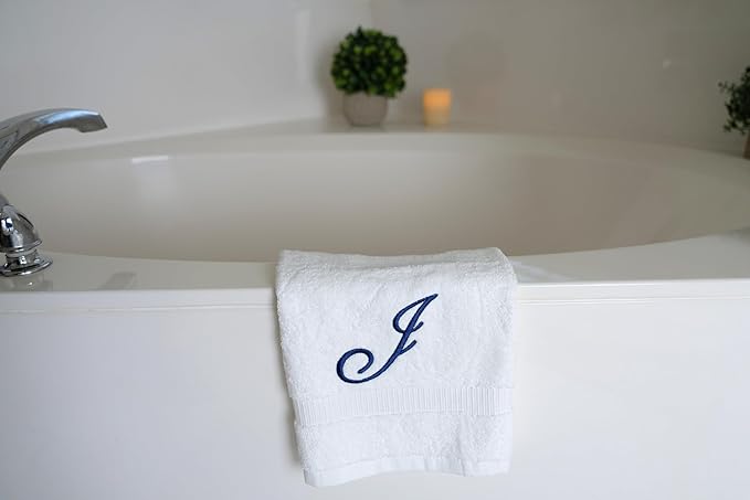 White Monogrammed Hand Towels for Bathroom - Luxury Hotel Quality Personalized Initial Embroidered Towel for Powder Room, Spa - GOTS Organic Certified - Set of 2 Navy Letter J
