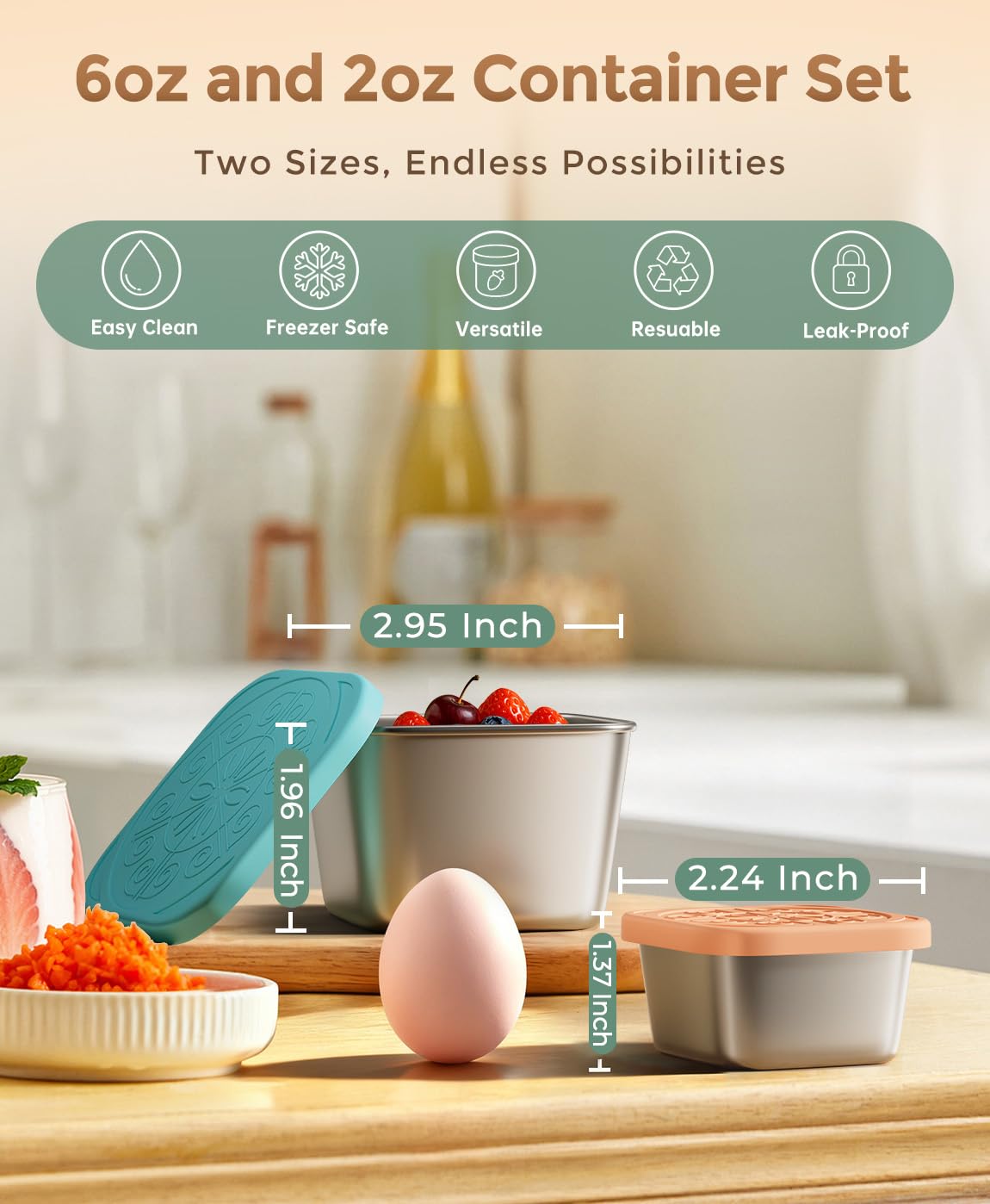 Osfel 3 Pack 6oz Stainless Steel Snack Containers and 3 Pack 2oz Salad Dressing To Go Containers with Silicone Lids, Reusable Square Meal Prep Condiment Sauce Containers Lunch Box Accessories