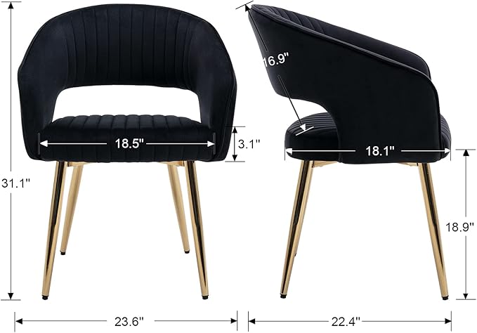 Modern Black Velvet Dining Chairs Set of 4, Upholstered Gold Dining Room Chairs with Tufted Back, Accent Armrest Kitchen Chairs with Gold Legs for Dining Room Reception