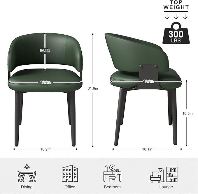 Modern Dining Chairs Set of 4, Faux Leather Upholstered Kitchen Chairs with Curved Back and Metal Legs, Mid Century Chairs for Dining Room, Kitchen, or Café (Green)