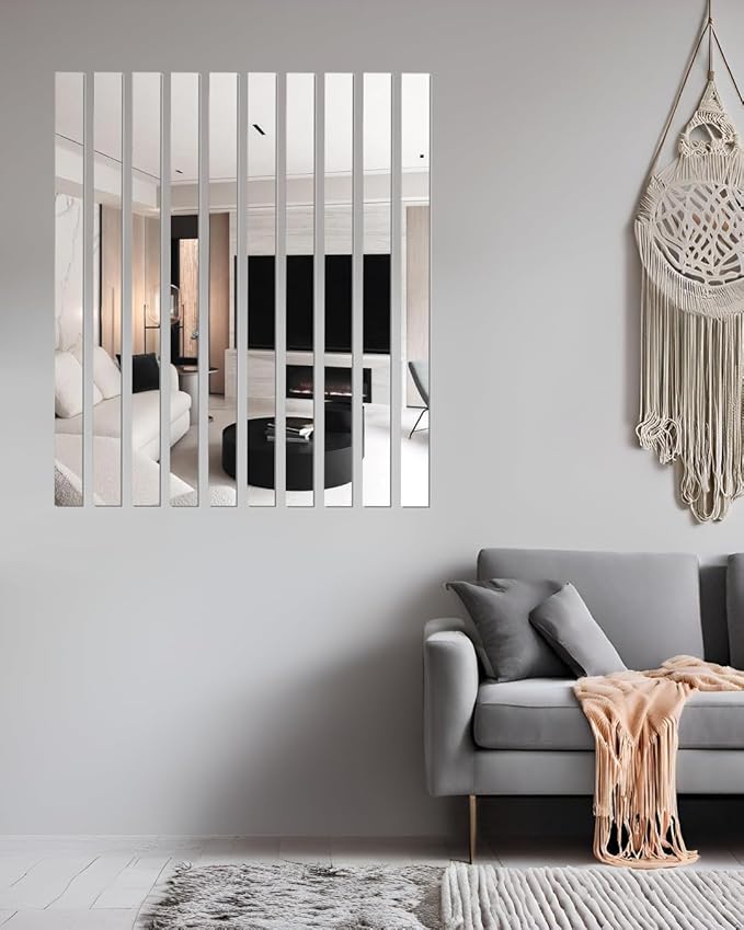 10Pcs DIY Striped Mirror Stickers 39.37 Inch Self Adhesive Long Acrylic Wall Decals Mirror Strips Removable for Home Art Wall Decor (Silver)
