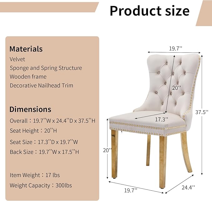 Luxury Upholstered Dining Chairs Set of 4, Beige Kitchen Chair with Golden Metal Legs, Velvet Tufted Back Dining Chair, Sillas de Comedor, Modern Kitchen & Dining Room Chairs (Beige, 4 Pcs)
