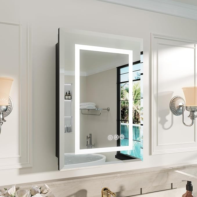 16X24 Inch Bathroom Medicine Cabinet with Mirror, Adjustable 3-Color Brightness Dimming LED Mirror Cabinet Recessed or Wall Mounted, Black Medicine Cabinet with Lights, Defogger