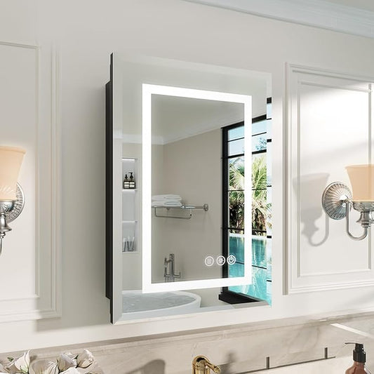 16X24 Inch Bathroom Medicine Cabinet with Mirror, Adjustable 3-Color Brightness Dimming LED Mirror Cabinet Recessed or Wall Mounted, Black Medicine Cabinet with Lights, Defogger