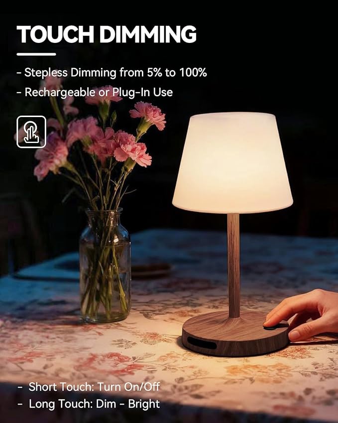 Outdoor Waterproof Shower Lamp, 5200mAh Cordless Rechargeable Table Lamp with Touch Dimming, IP65 Wireless LED Night Light for Patio, Camping, Bathroom, Restaurant & Kitchen (Dark Walnut)