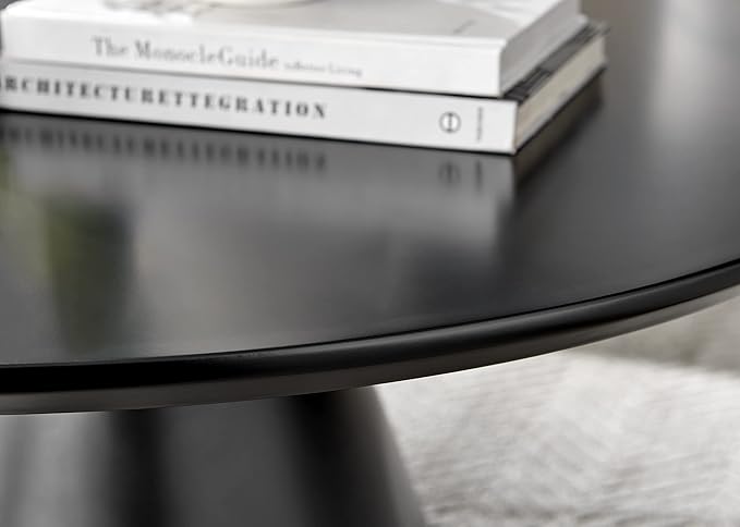 Furniturebox UK Coffee Table - Palma Round Coffee Table - Contemporary Minimalist Black Round Coffee Table with Tapered Central Pillar - Living Room Furniture