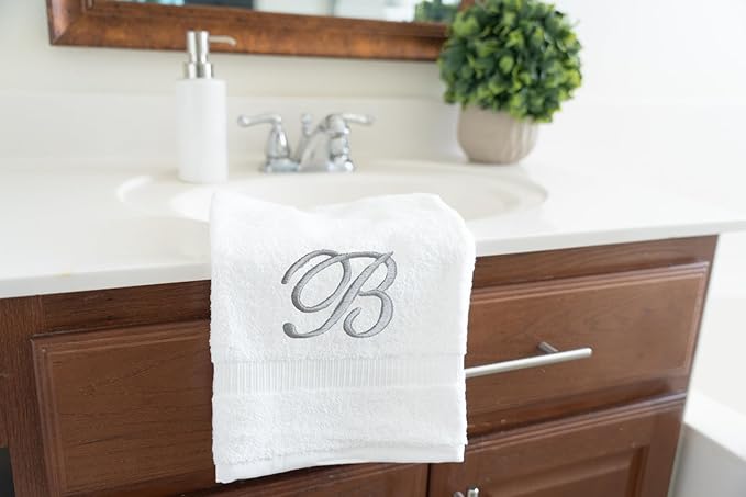 White Monogrammed Hand Towels for Bathroom - Luxury Hotel Quality Personalized Initial Embroidered Towel for Powder Room, Spa - GOTS Organic Certified - Pack of 2 Silver, Letter B