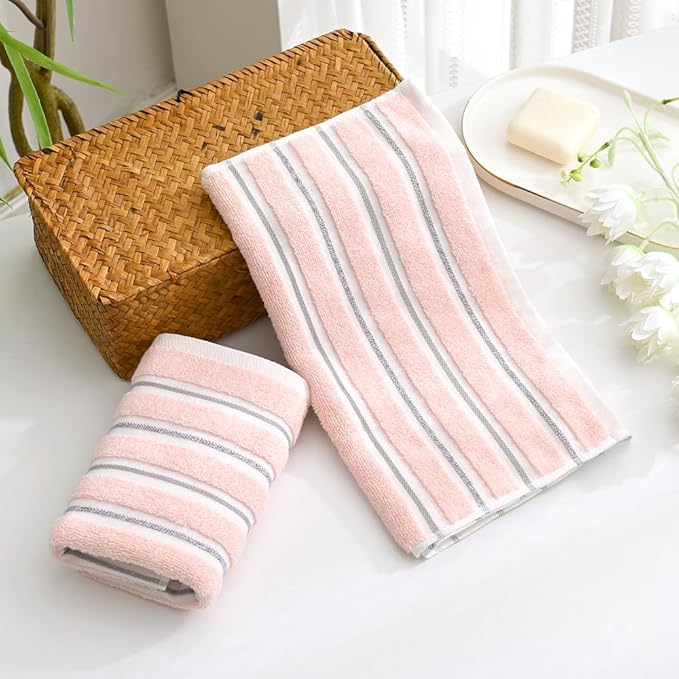 YiLUOMO Ribbed Striped Pink Hand Towel Set of 2 Cotton, Quick Dry, Soft and Absorbent Bathroom Hand Towel Decorative 13 x 29 Inch