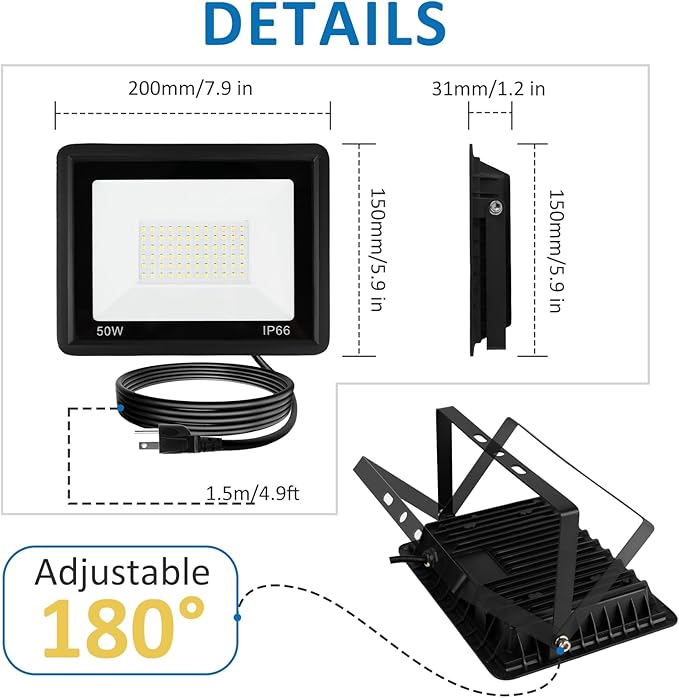 50W LED Flood Light Outdoor, 5000LM Super Bright Floodlight Outside Work Lightwith Plug, 6500K Daylight White LED Flood Light Outdoor, IP66 Waterproof Outdoor Flood Light-2Pack