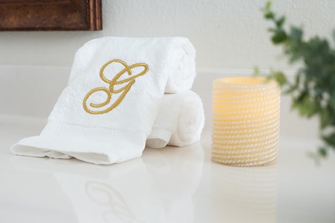 White Monogrammed Hand Towels for Bathroom - Luxury Hotel Quality Personalized Initial Embroidered Towel for Powder Room, Spa - GOTS Organic Certified - Set of 2 Gold Letter G