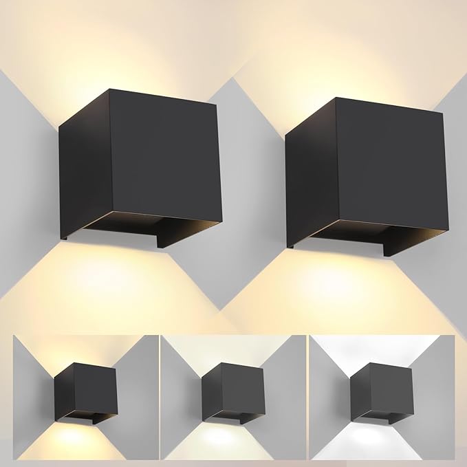 2 Pack LED Outdoor Wall Lights Exterior/Interior 3 Colors Adjustable 15W Wall Light Fixture IP65 Waterproof Porch Exterior Wall Sconce Modern Outdoor Lighting Square Aluminum Black Up and Down Lights