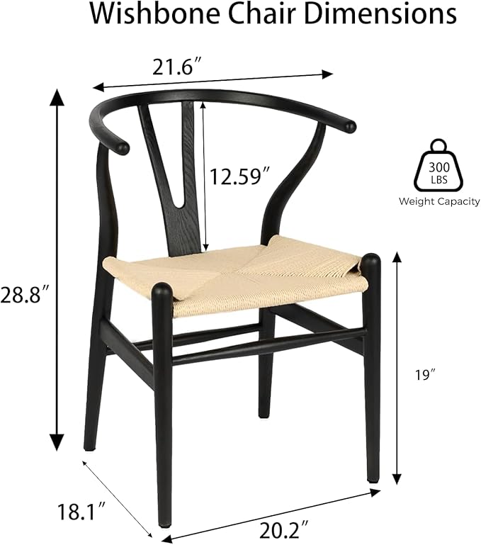 Tomile Wishbone Chair Y Chair, Wooden Dining Chairs Set of 2, Mid Century Modern Chairs with Arms, Solid Wood Weave Seat Kitchen & Dining Room Chairs (Ash Wood-Black Frame + Natural Cord)