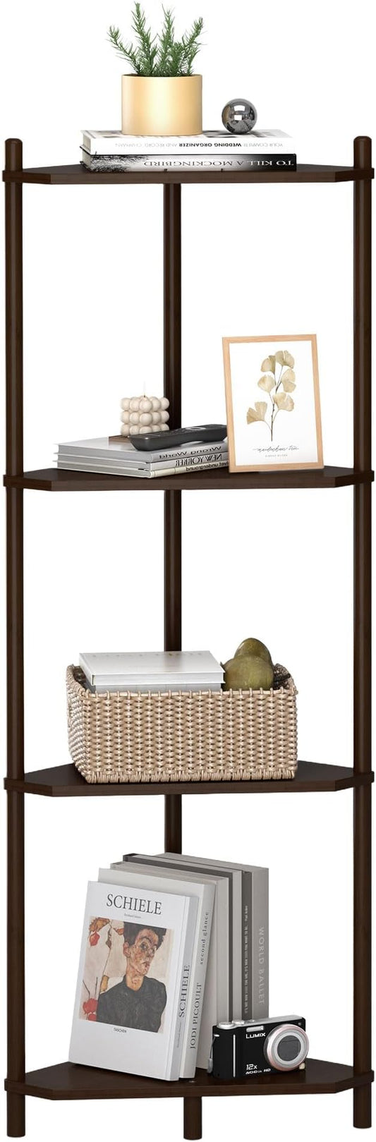 Wisuce Corner Shelf Stand - 4 Tier Walnut Bamboo Small Corner Bookshelf for Office Kitchen Bedroom Plant Stand Living Room Decor Small Space