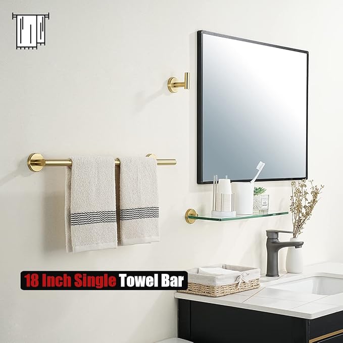JQK Towel Bar Brushed Gold, 20.5 Inch 304 Stainless Steel Thicken 0.8mm Towel Rack Bathroom, Towel Holder Wall Mount, Useable Length 18 Inch 2 Pack, TB110L18-BG-P2