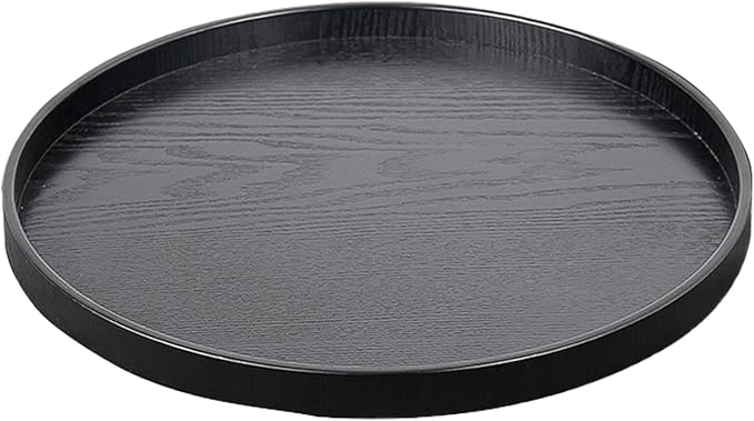 Round Solid Wood Serving Tray Extra Large Tea Coffee Snack Food Meals Serving Plate Non-Slip Kitchen Party Bar Server Ottoman Tray Breakfast Tray with Raised Edges (13inch/33cm) Black