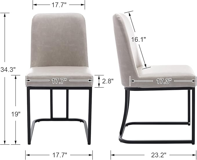 Grey PU Leather Dining Chairs Set of 6 Mid Century Modern Comfortable Dining Room Chair with Curved Backrest, Upholstered Kitchen Side Chairs with Black Metal Legs