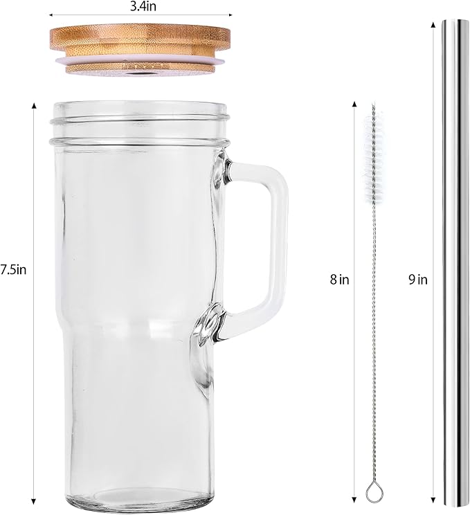 Glass Cups with Lids and Straws - 24oz glass tumbler with bamboo lids and straw Boba Cup