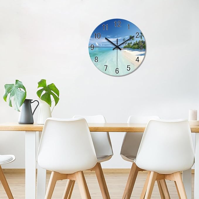 XFM Large Wall Clock Battery Operated Beach Coastal Wall Clocks 24 Inch Silent Non-Ticking Tropical Seascape Glass Wall Clock for Living Room Bedroom Kitchen Decor