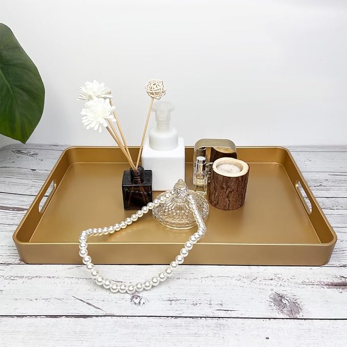 Gold Decorative Tray, Serving Tray with Handles, Plastic Rectangular Tray for Ottoman Coffee Table, Bathroom, Living Room. 15.7"*10.2"