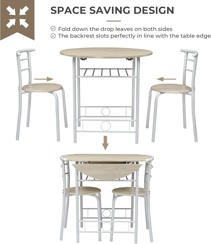 VINGLI 31.5" Drop Leaf Dining Table 3 Pieces for Small Space,Small Kitchen Table Set for 2,Round Folding Table with 2 Chairs for Home,Kitchen,Apartment,White&Oak