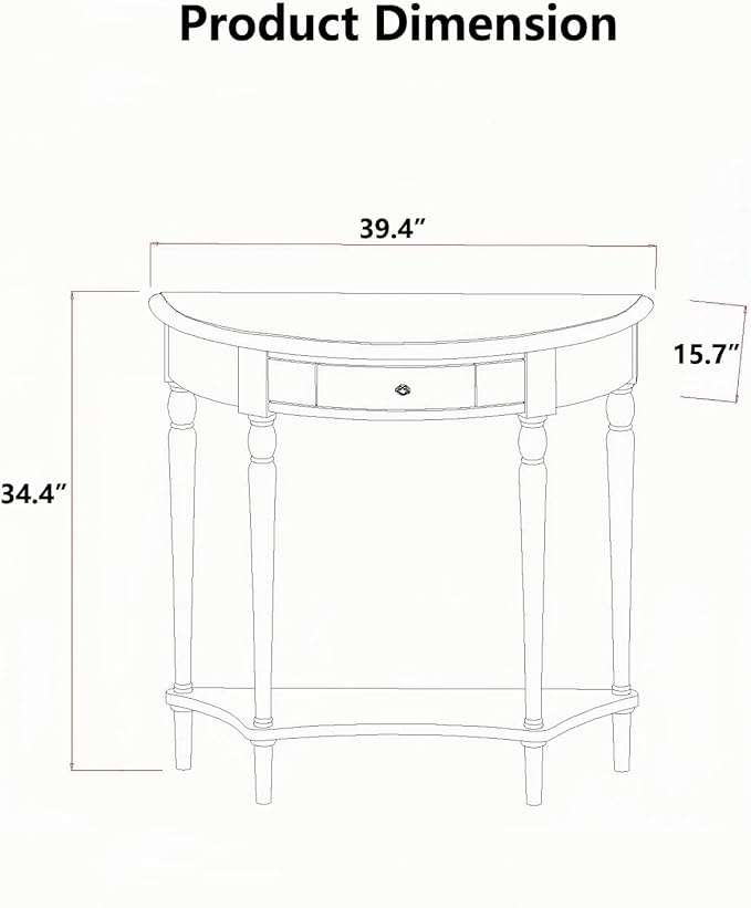 Solid Wood Console Table with Drawer, Semi-Circle Entryway Storage Shelf, Half-Moon Porch Table Side Elegant Vintage Sofa for Living Room (White (39.4" L x 15.7" W x 34.4" H))