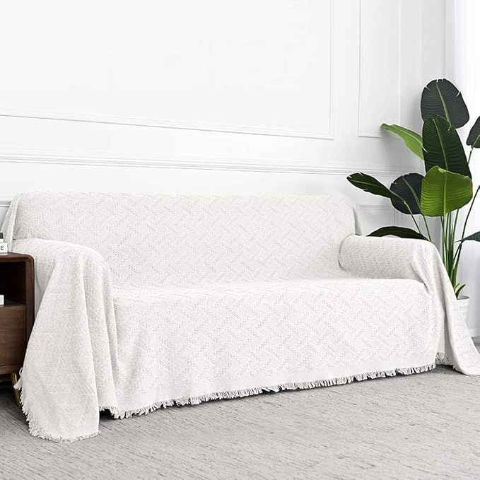 MYSKY HOME White Sofa Covers for 3 Cushion Couch Geometrical Living Room Sofa Throws Sofa Slipcovers for Pets, Kids (XX-Large, 91" x 134", White)