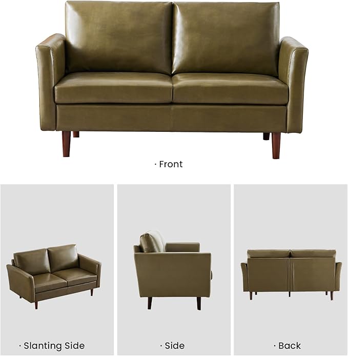 Kingfun Faux Leather 2 Seat Couch for Living Room, Mid Century Modern Sofa with Rolled Arms and Deep Seats, Fluffy Comfort for Apartment, Easy to Assemble, Olive Green