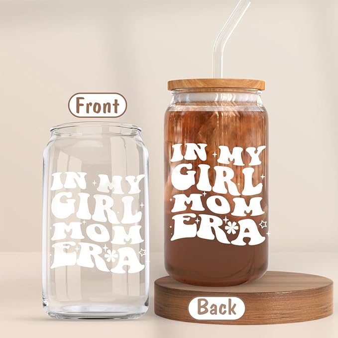 In My Girl Mom Era 16oz Glass Cup - Drinking Cup with Lid and Straw for Moms - Christmas & Mothers Day Gifts