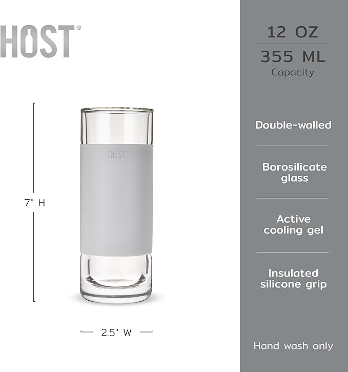 Host Highball Glass FREEZE Drinking Cups Frozen Glasses Set, Insulated Tumblers, Iced Coffee Cup Glass Tumbler 12oz Gray Cocktail Glasses Set of 2